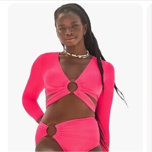 Swimsuits For All Women’s O-Ring Long Sleeve Pink Bikini Top, Size 10